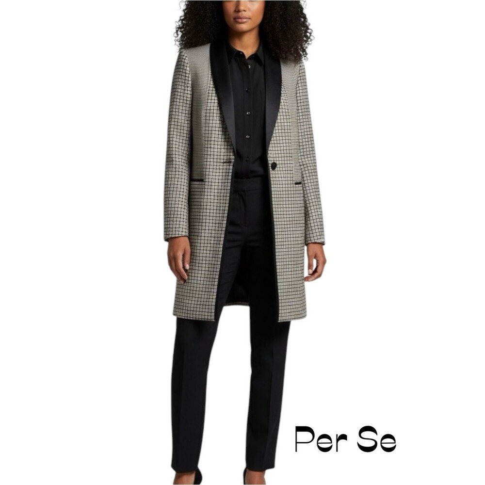 Per Se by Carlisle Cream Black Plaid Leather Luxury Oversized Coat NWOT Size 2